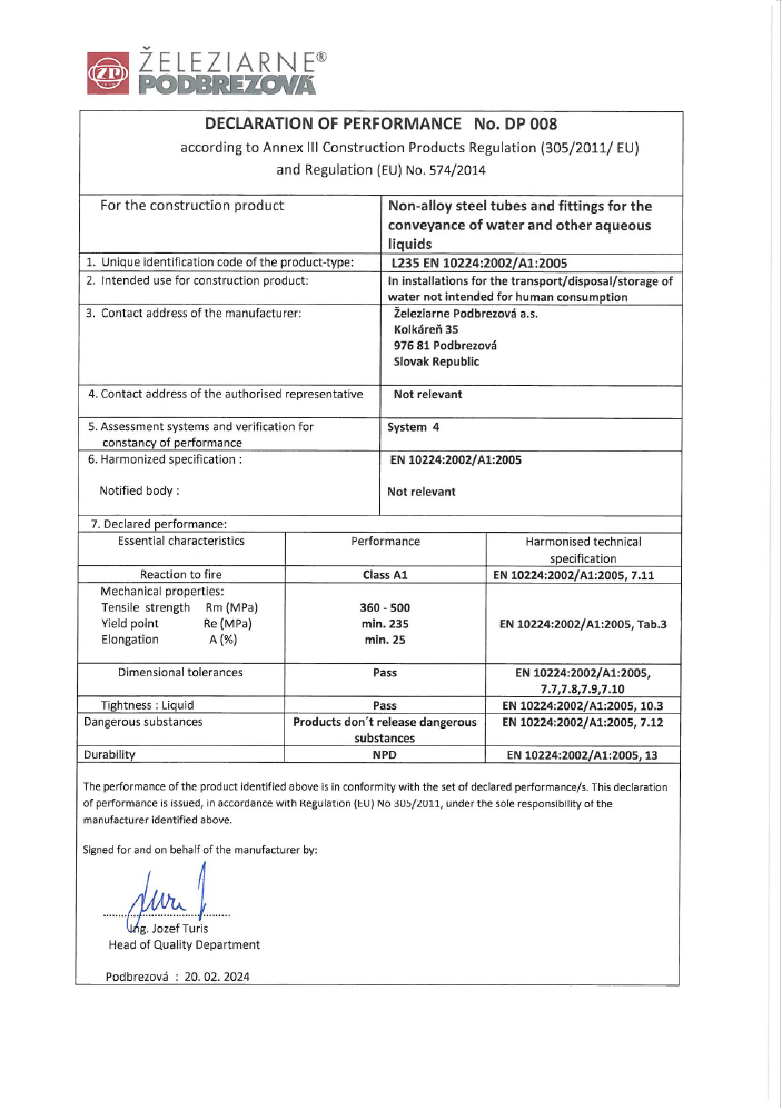 Declaration of Performance acc. to EN 10 224