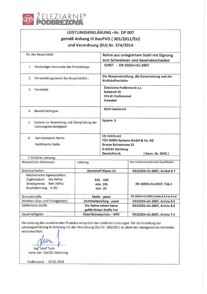 Leistungserklaerung EN 10 255